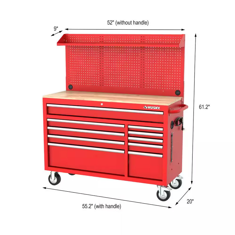 Modular Tool Storage 52 In. W Standard Duty Red Mobile Workbench Cabinet with Pegboard