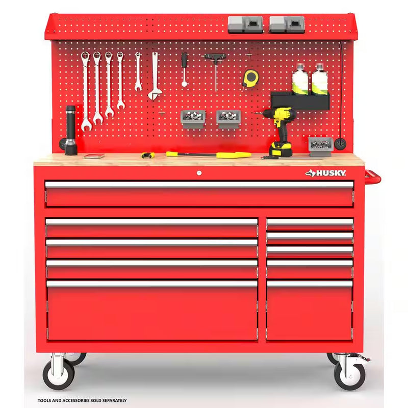 Modular Tool Storage 52 In. W Standard Duty Red Mobile Workbench Cabinet with Pegboard