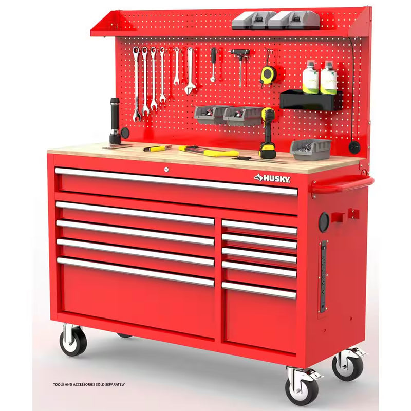 Modular Tool Storage 52 In. W Standard Duty Red Mobile Workbench Cabinet with Pegboard