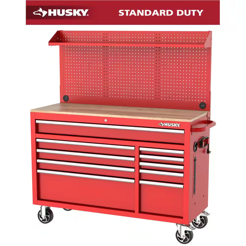 Modular Tool Storage 52 In. W Standard Duty Red Mobile Workbench Cabinet with Pegboard